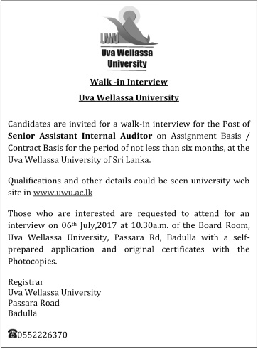 Senior Assistant Internal Auditor - Uva Wellassa University